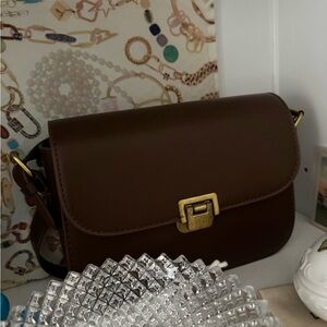 Brown Leather Shoulder Bag with Gold Hardware